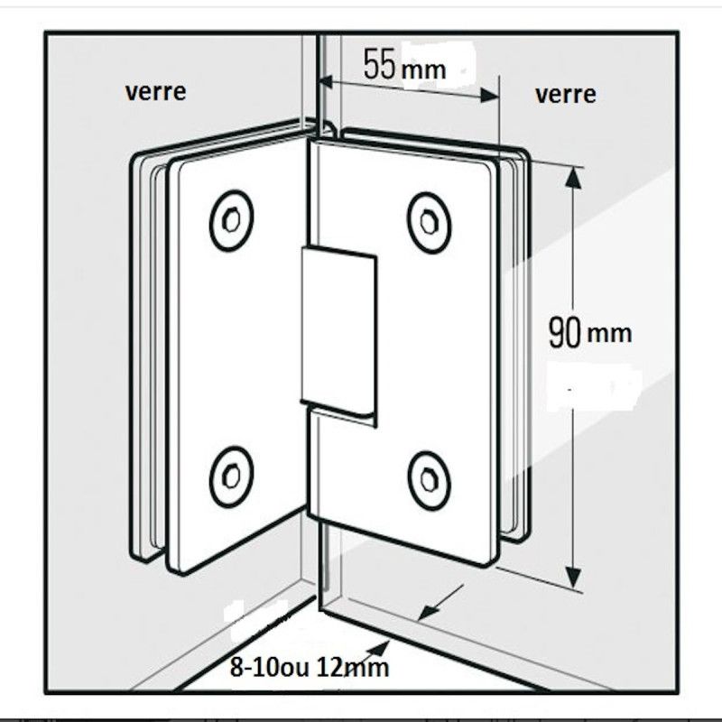 Bilbao charnière porte 90° verre-verre- pour verre de 8 à 12mm