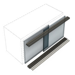 vitrine composée de deux verres trempés avec onglets + rail haut et rail bas + polymères