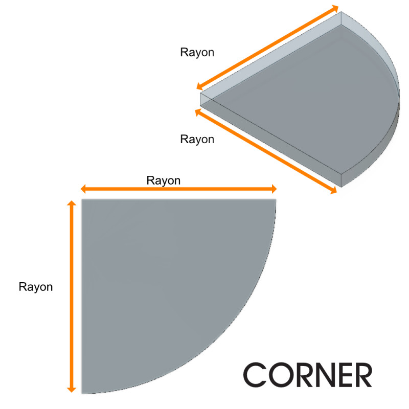 Etagère d'angle CORNER en verre CLAIR  forme quart de rond en verre sur mesure  - et pièces de fixation