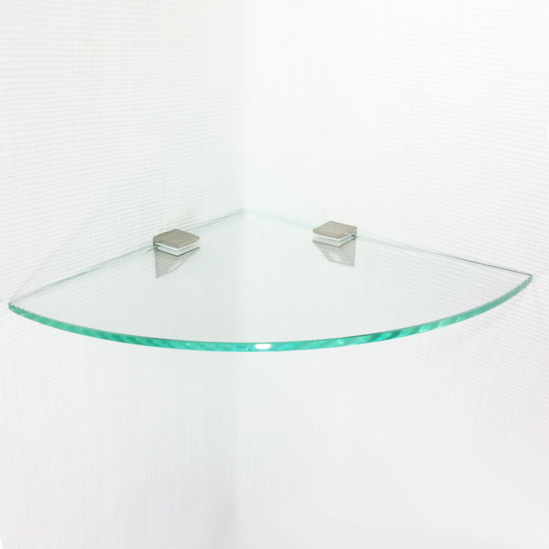 Etagère d'angle CORNER en verre CLAIR  forme quart de rond en verre sur mesure  - et pièces de fixation