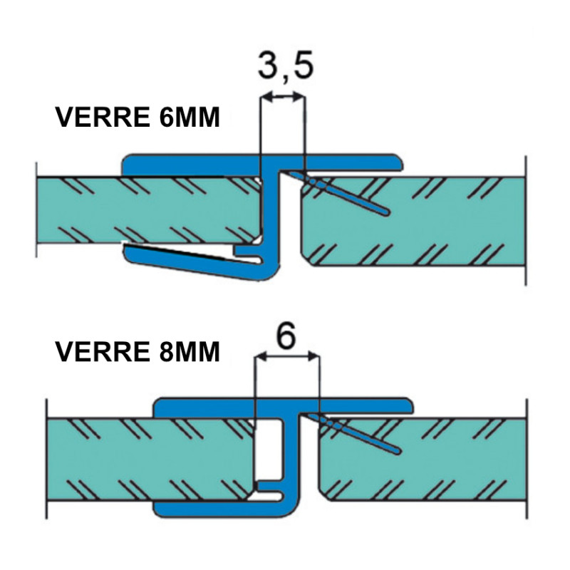 Joint d'étanchéité pour porte en alignement 180° - verre 6-8mm