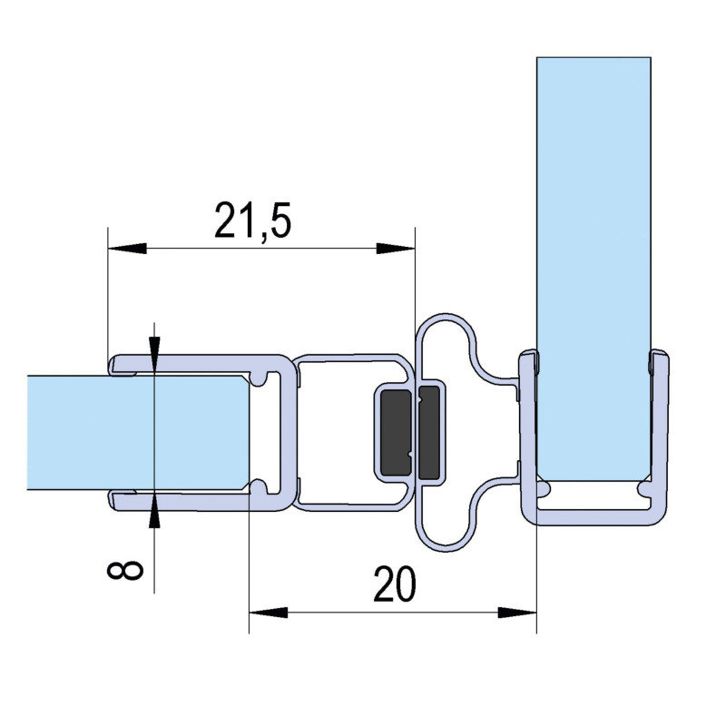 Joint d'étanchéité avec 90° profilé magnétique - verre de 6 - 8 mm