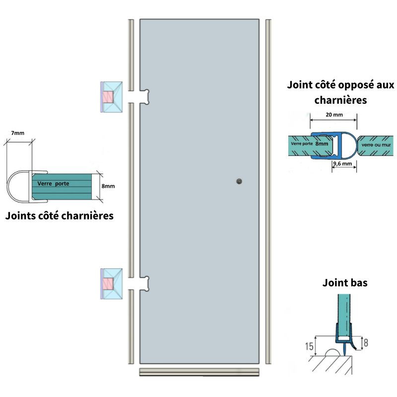 Joints d'étanchéité pour porte de douche pivotante en verre 8mm trempé sur mesure - TRIGO